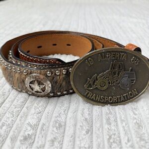 Vintage Brass Buckle Alberta Transportation & Western Belt